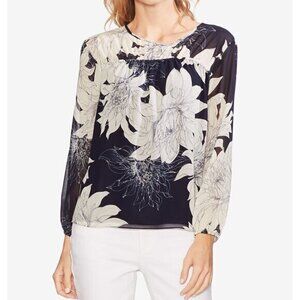 Vince Camuto Womens Pagoda Pullover Dark Blue & White Floral‎ Blouse- Size XS